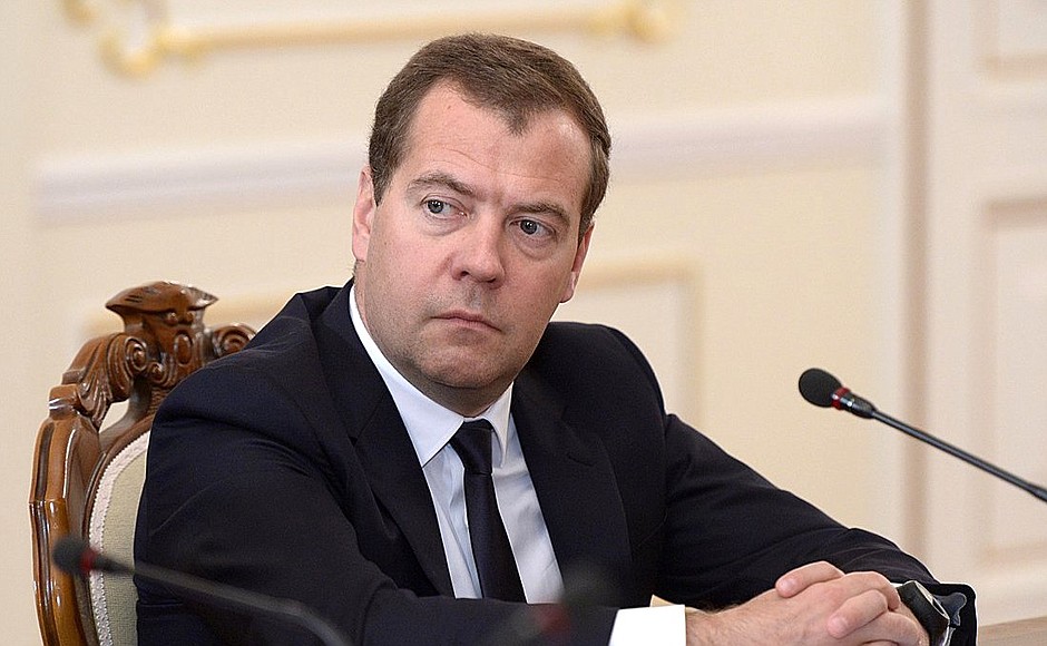 At the meeting with Government members. Prime Minister Dmitry Medvedev.
