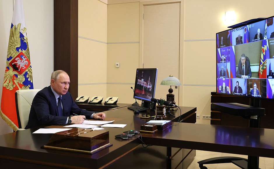 During a meeting on restoring the residential infrastructure destroyed in the border regions and as a result of emergencies (via videoconference).