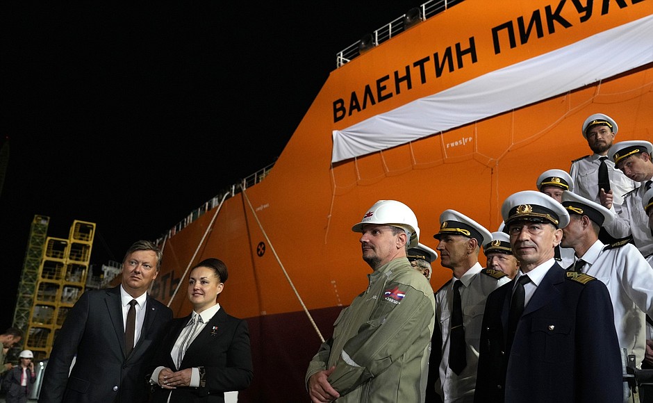 During the name-giving ceremony for Alexei Kosygin Arctic gas tanker (left) and Valentin Pikul shuttle tanker at Zvezda shipbuilding complex.