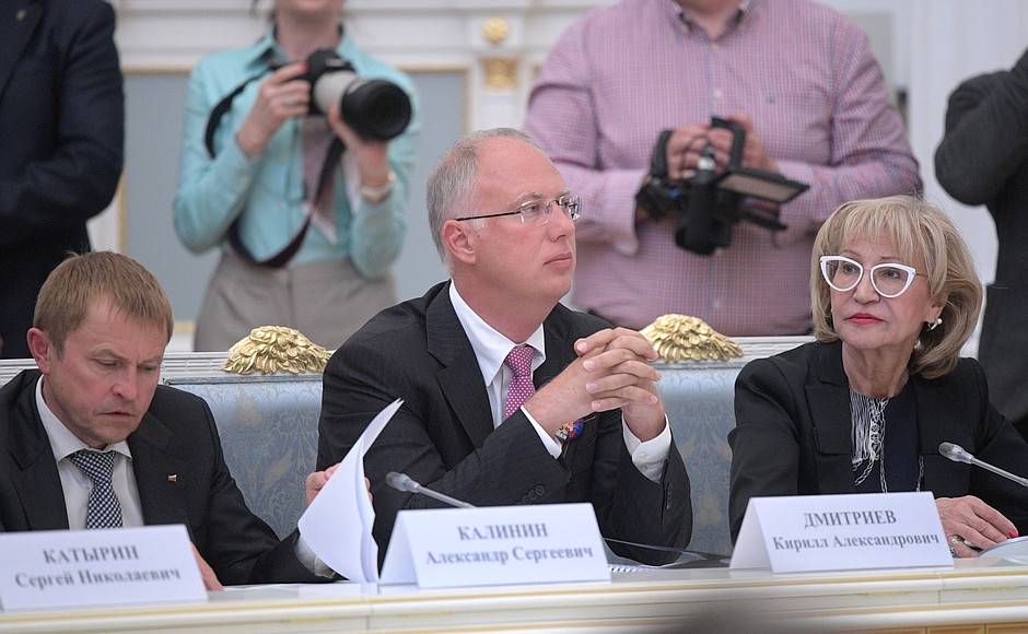 Meeting of the Presidential Council for Strategic Development and National Projects. From left: President of the OPORA Russia Public Association Alexander Kalinin, CEO of Russian Direct Investment Fund Kirill Dmitriev and Deputy Chairperson of the Accounts Chamber Vera Chistova.