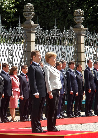 Before the Russian-German interstate consultations. The official welcoming ceremony for the Russian head of state. With Federal Chancellor of Germany Angela Merkel.
