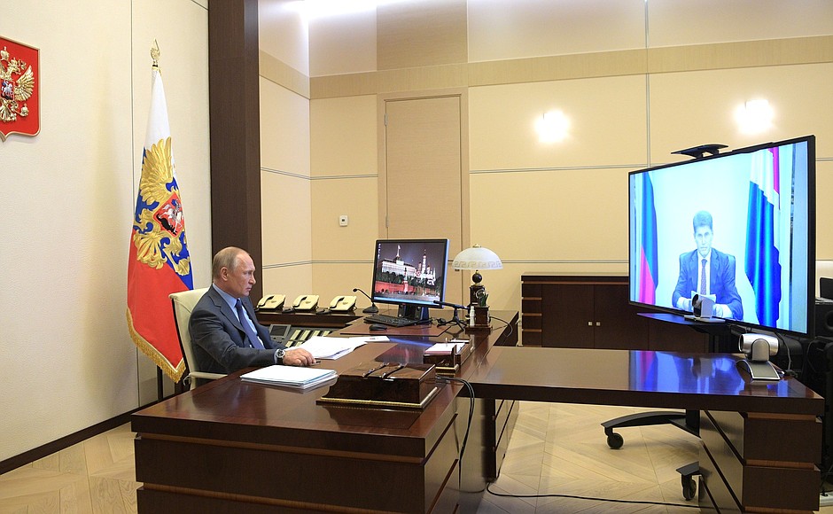 Working meeting with Primorye Territory Governor Oleg Kozhemyako in video conference format.