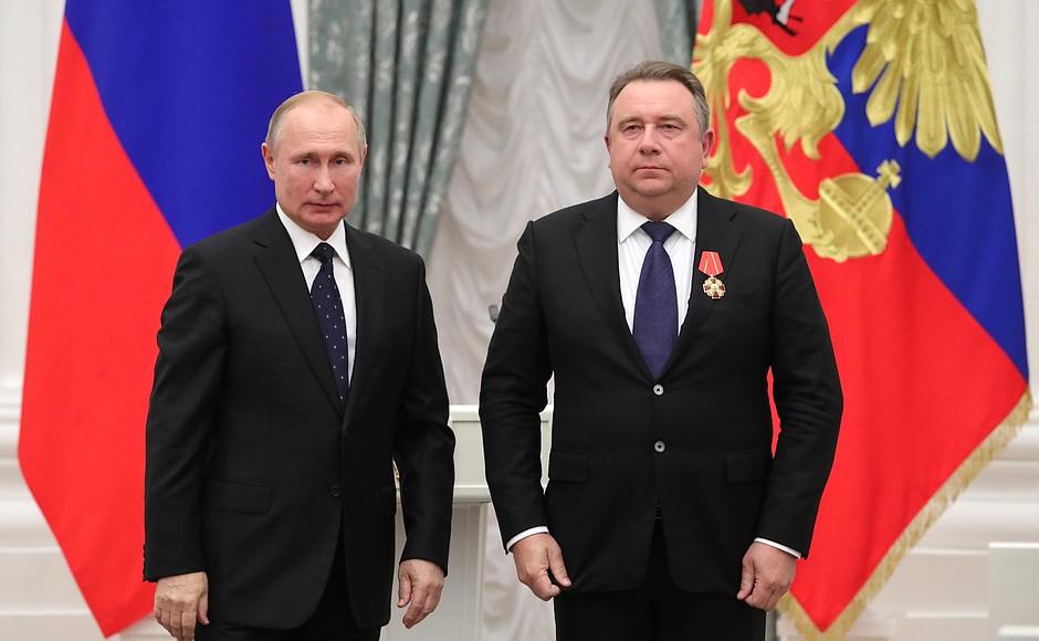 Ceremony for presenting state decorations. The Order of Alexander Nevsky was awarded to Alexei Rakhmanov, President of United Shipbuilding Corporation.