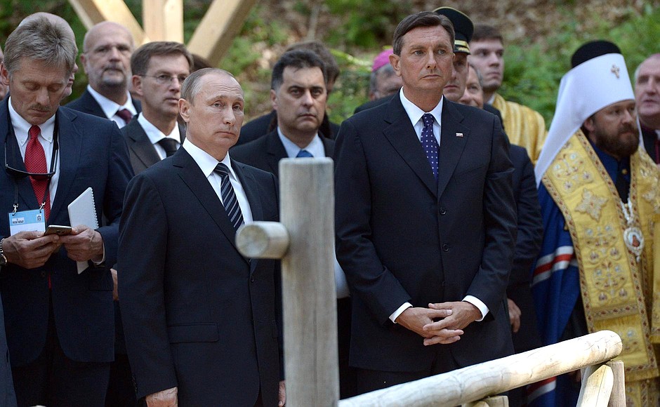 With President of Slovenia Borut Pahor before the memorial ceremony marking the 100th anniversary of the Russian chapel near the Vršič Pass.