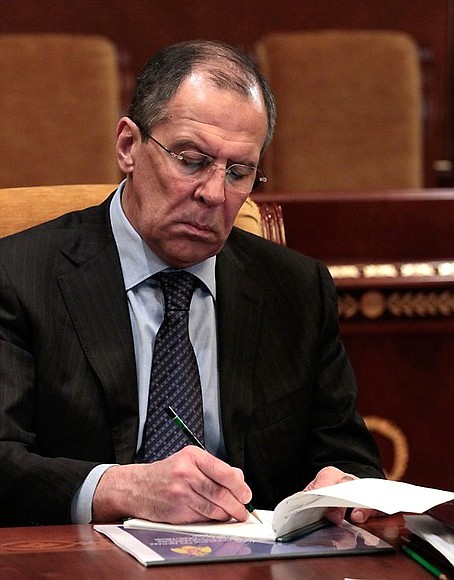 Foreign Minister Sergei Lavrov at meeting with permanent members of the Security Council.