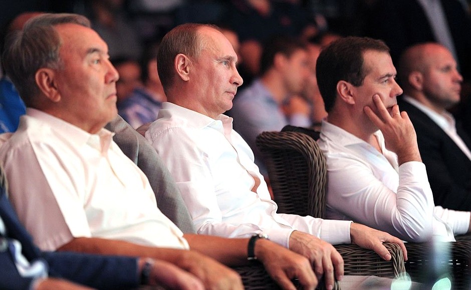 At the International Professional Combat Sambo Tournament. With President of Kazakhstan Nursultan Nazarbayev and Russian Prime Minister Dmitry Medvedev.
