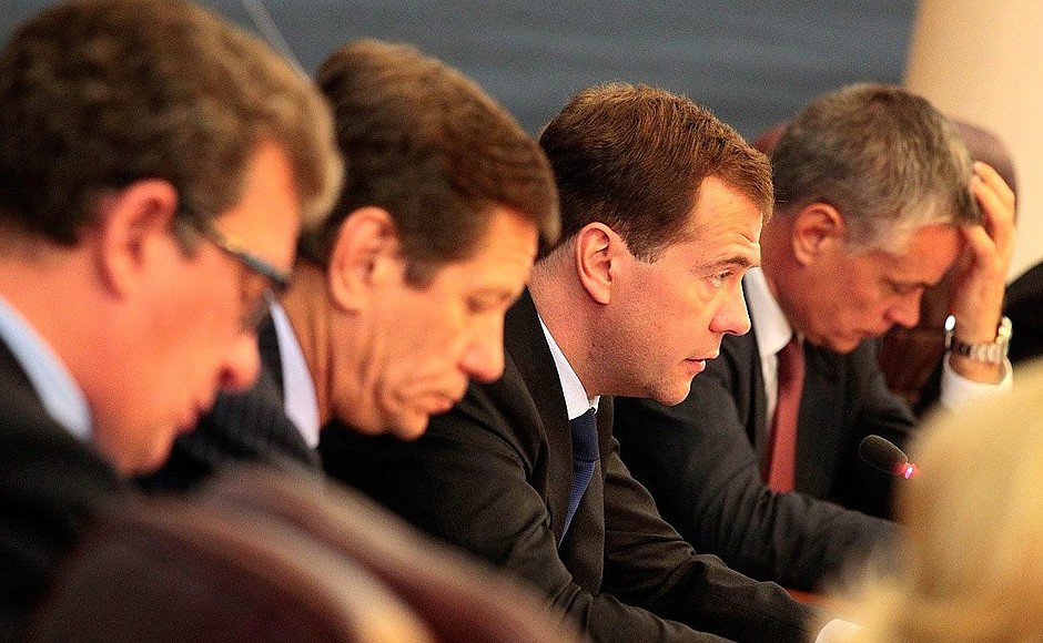 State Council Presidium meeting on measures to strengthen countering drugs consumption among young people. From left to right: Presidential Aide Sergei Prikhodko, Deputy Prime Minister Alexander Zhukov, Dmitry Medvedev, and Presidential Aide and Secretary of the State Council Alexander Abramov.