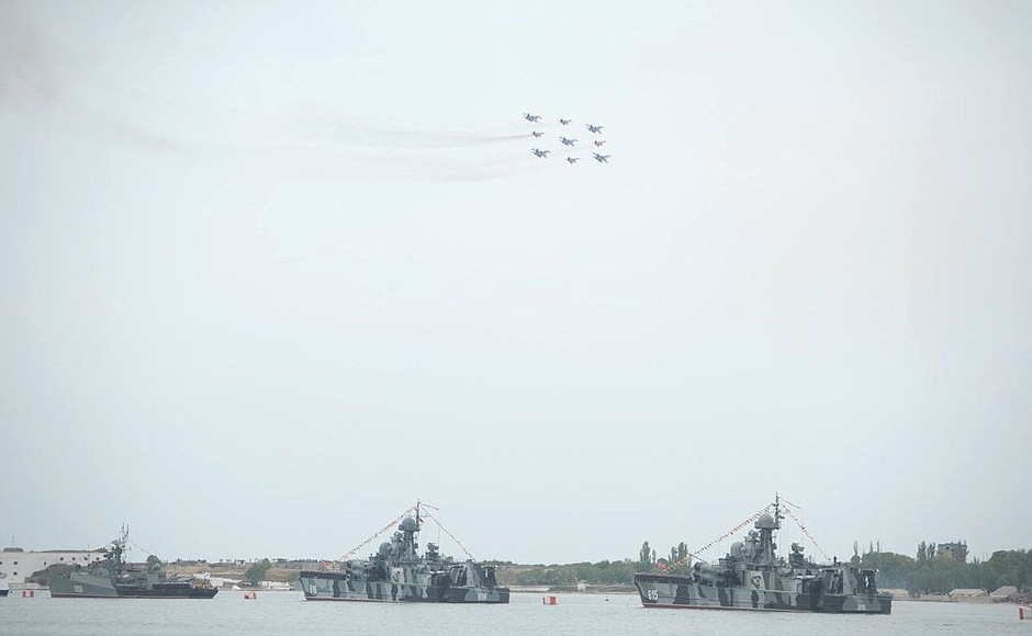 A naval parade of Black Sea Fleet ships.