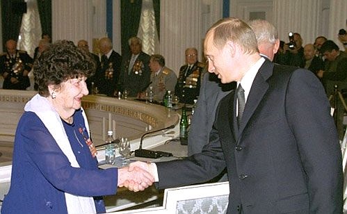 President Putin meets with Hero of the Soviet Union, air woman Nina Raspopova, while congratulating World War II veterans from Russia, the CIS and foreign states on Victory Day.