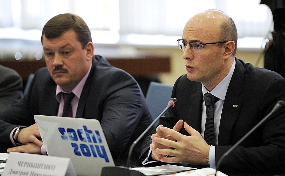 2014 Sochi Olympics Organising Committee President Dmitry Chernyshenko (right) and President and Chairman of the Board of State Corporation Olympstroy Sergei Gaplikov at a meeting on preparations for the 2014 Sochi Olympics.