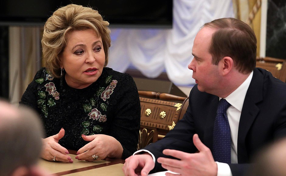 Federation Council Speaker Valentina Matviyenko and Chief of Staff of the Presidential Executive Office Anton Vaino at the meeting with permanent members of the Security Council.
