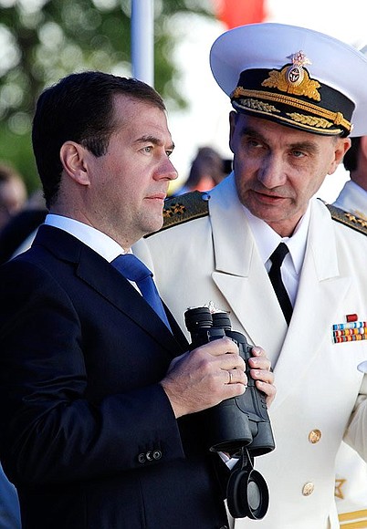 At a naval parade to celebrate Navy Day. With Commander in Chief of the Russian Navy Admiral Vladimir Vysotsky.