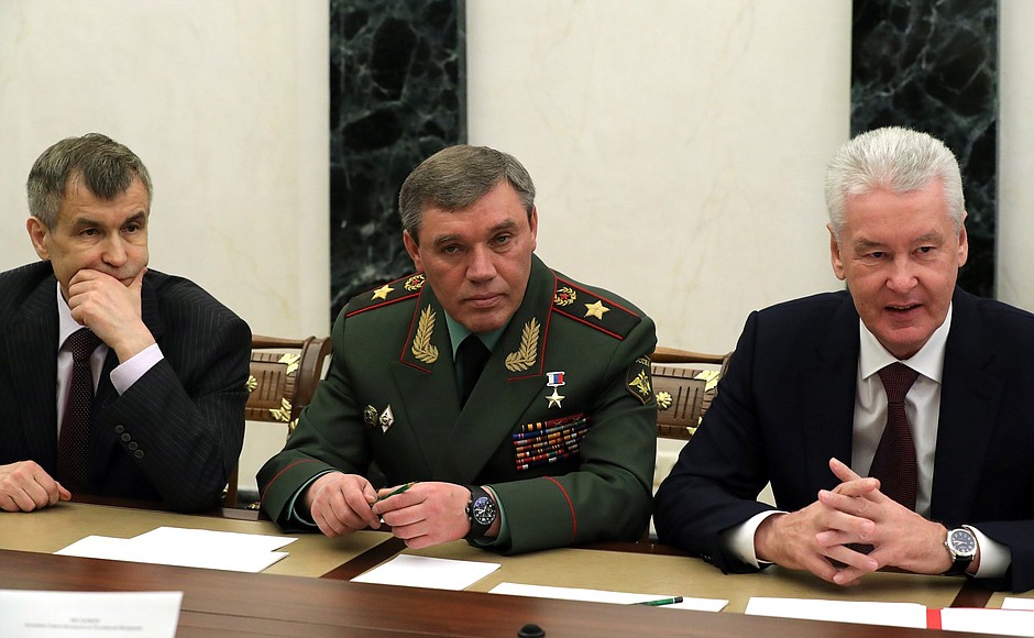 Before the Security Council meeting. From left: Deputy Secretary of the Security Council Rashid Nurgaliyev, Chief of the General Staff of the Armed Forces and First Deputy Defence Minister Valery Gerasimov, Moscow Mayor Sergei Sobyanin.
