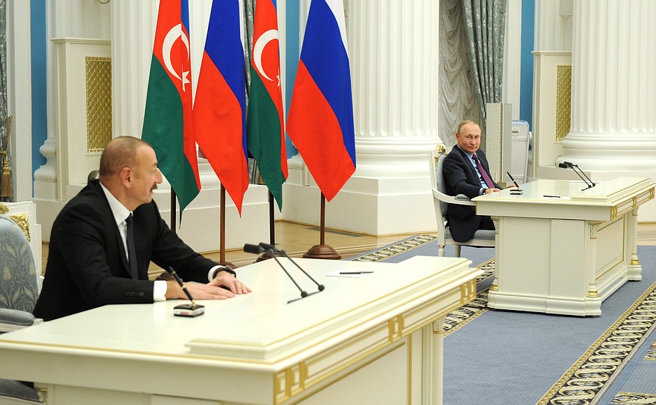 Vladimir Putin and President of Azerbaijan Ilham Aliyev make statements for the press following Russian-Azerbaijani talks.
