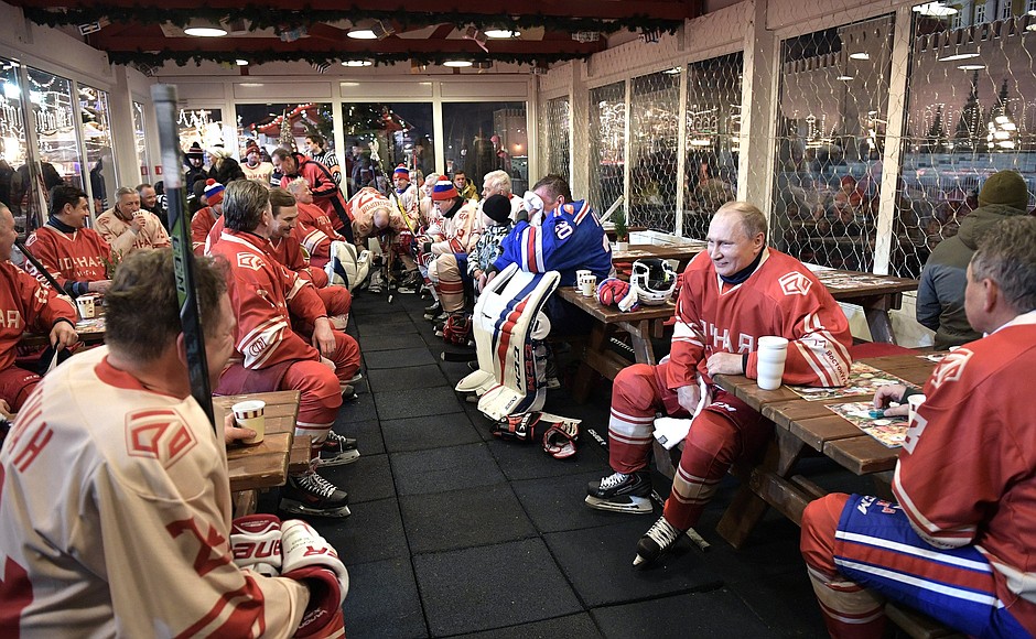 During an intermission at the Night Hockey League friendly match.