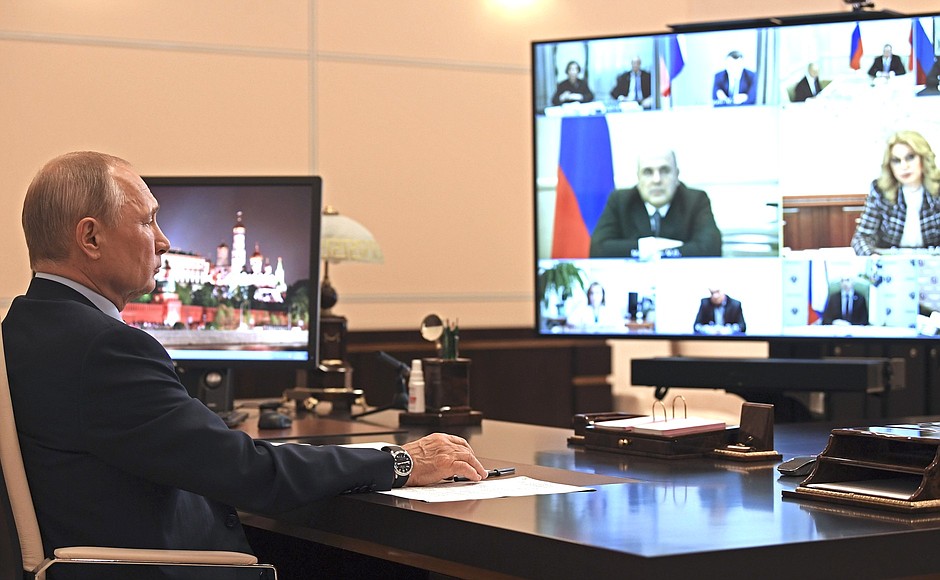 At a videoconference meeting on the sanitary and epidemiological situation in the Russian Federation.