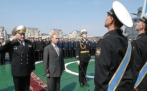 President Putin on board the Russian patrol ship Neustrashimy.