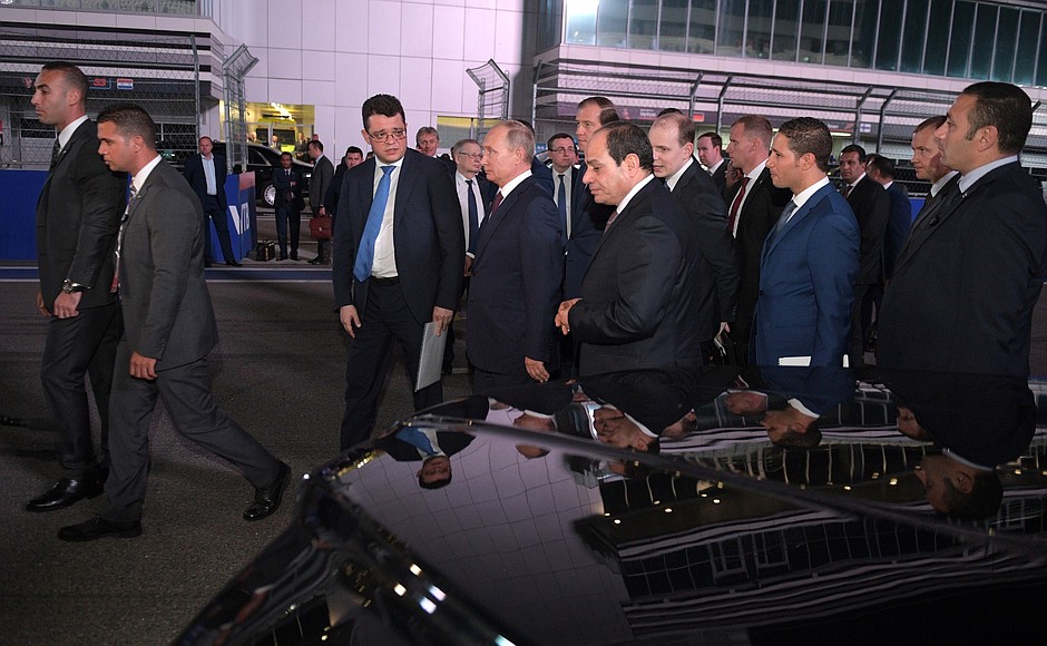 Vladimir Putin and President of Egypt Abdel Fattah el-Sisi visited the Sochi Autodrom race track and were shown the new Russian Aurus cars. General Director of NAMI Central Scientific Research Automobile and Automotive Engines Institute Sergei Gaisin gives explanations.