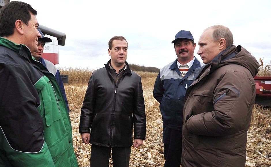 Visiting Rodina farm. With Prime Minister Vladimir Putin.