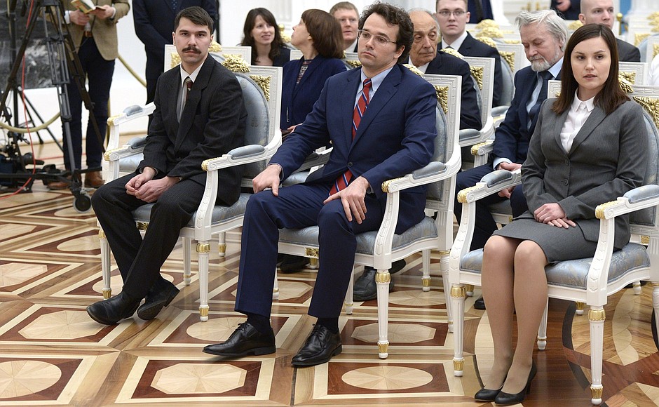 Laureates of the 2015 Presidential Prize in Science and Innovation for Young Scientists Dmitry Kopchuk, Vladimir Stegailov and Yekaterina Proshkina (from left to right).