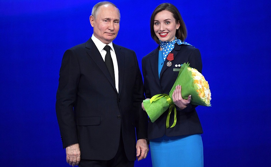 Gala evening marking the 100th anniversary of Russian civil aviation. Viktoria Golubyeva, flight attendant at Pobeda Airlines, received the Medal of the Order for Services to the Fatherland, 2nd degree.