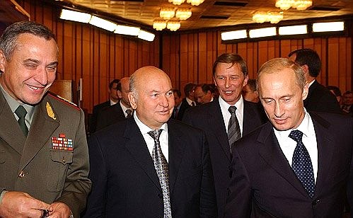 President Putin with Chief of General Staff Anatoly Kvashnin, Moscow Mayor Yury Luzhkov and Defence Minister Sergei Ivanov before meeting with top officers of the Russian Armed Forces.