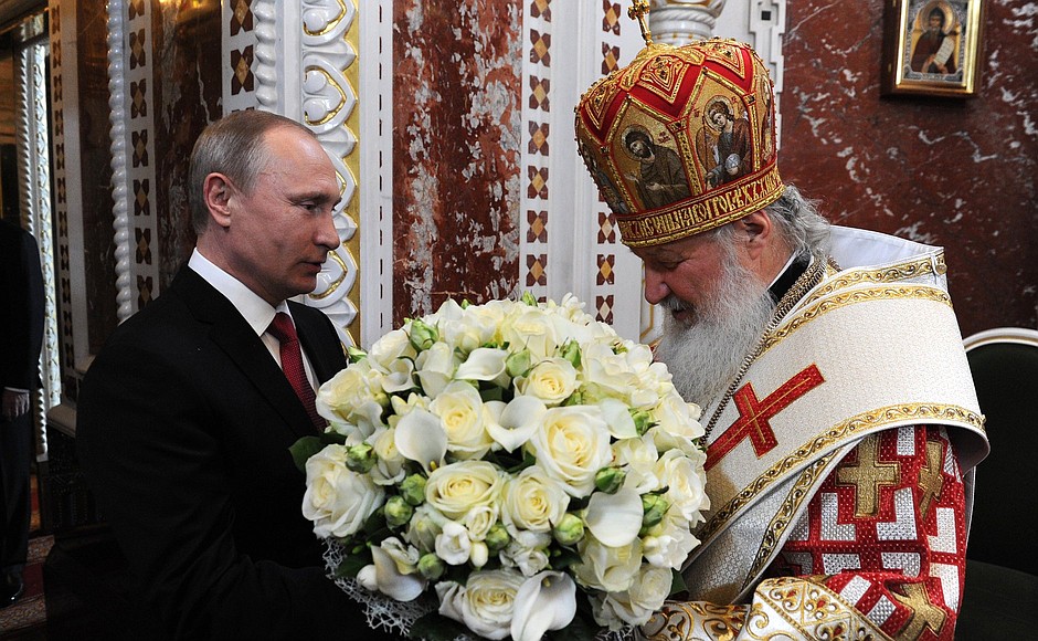 Following the Easter service at the Christ the Saviour Cathedral in Moscow. With Patriarch Kirill of Moscow and All Russia.