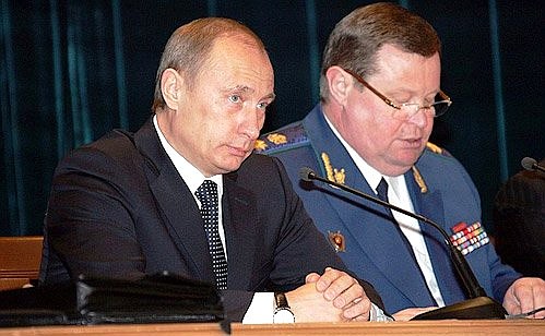 At the session of the Collegium of the Prosecutor General\'s Office. On the right is Prosecutor General Vladimir Ustinov.