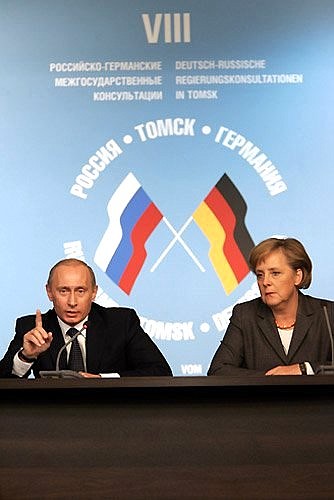 With Federal Chancellor of Germany Angela Merkel at the plenary session of the Russian-German intergovernmental consultations.