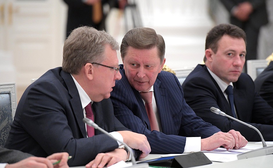 Left to right: Deputy Chair of the Presidential Economic Council Alexei Kudrin, Special Presidential Representative for Environmental Protection, Ecology and Transport Sergei Ivanov and Presidential Plenipotentiary Envoy to the Urals Federal District Igor Kholmanskikh at the meeting of the Council for Strategic Development and Priority Projects.