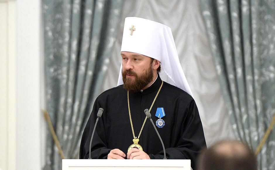 Presentation of state decorations. Chairman of the Moscow Patriarchate’s Department for External Church Relations, Metropolitan Hilarion of Volokolamsk (Grigory Alfeyev), is awarded the Order of Honour.