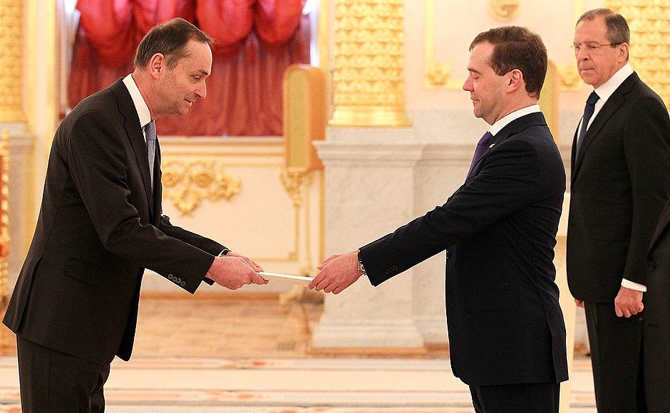 Presentation by foreign ambassadors of their letters of credence. Dmitry Medvedev receives a letter of credence from Ambassador of the Swiss Confederation Pierre Helg.