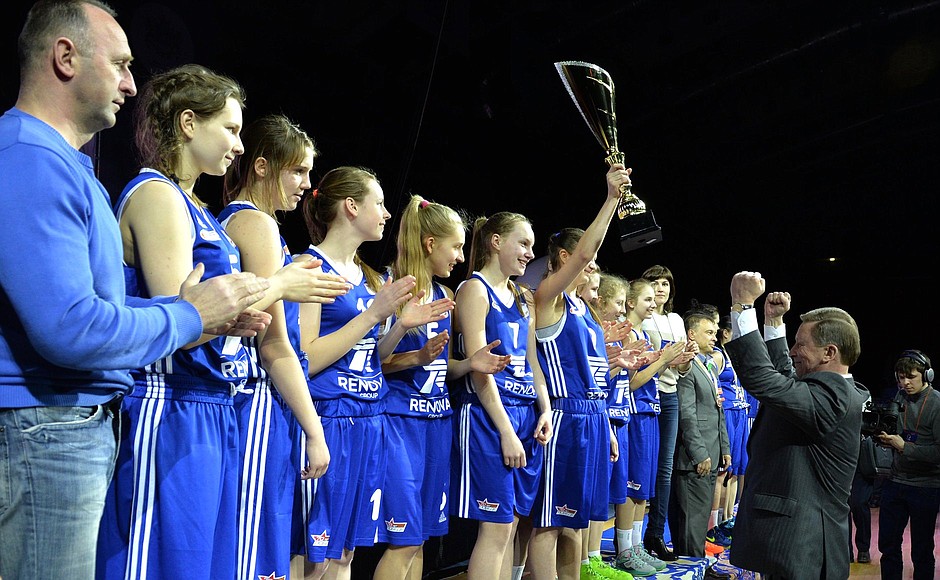 Awarding winners of KES-BASKET Russian School Basketball League Championship final match.