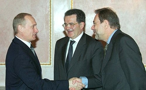 President Vladimir Putin with Romano Prodi, President of the European Commission, and Javier Solana, Secretary General of the Council of the European Union and High Representative for the Common Foreign and Security Policy, to the right, during the Russia-EU summit.