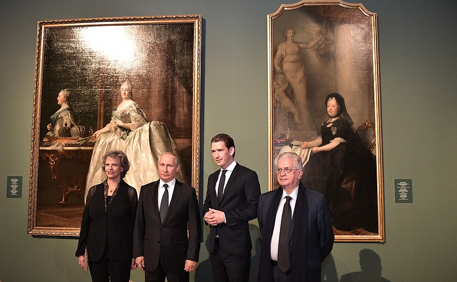 Visiting the State Hermitage. With Federal Chancellor of Austria Sebastian Kurz and director of the State Hermitage Mikhail Piotrovsky (right).