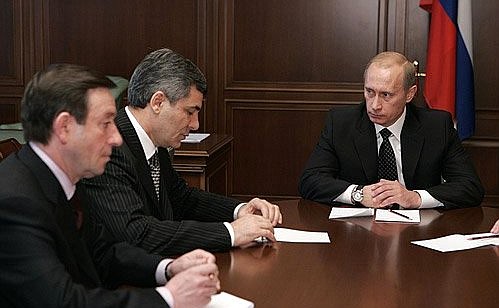 Meeting with the Kabardino-Balkaria leadership. On the left are Prime Minister of Kabardino-Balkaria Gennady Gubin and President Arsen Kanokov.