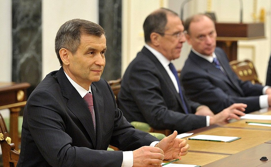 Before the meeting with permanent members of the Security Council. Left to right: Deputy Secretary of the Security Council Rashid Nurgaliyev, Foreign Minister Sergei Lavrov and Security Council Secretary Nikolai Patrushev.
