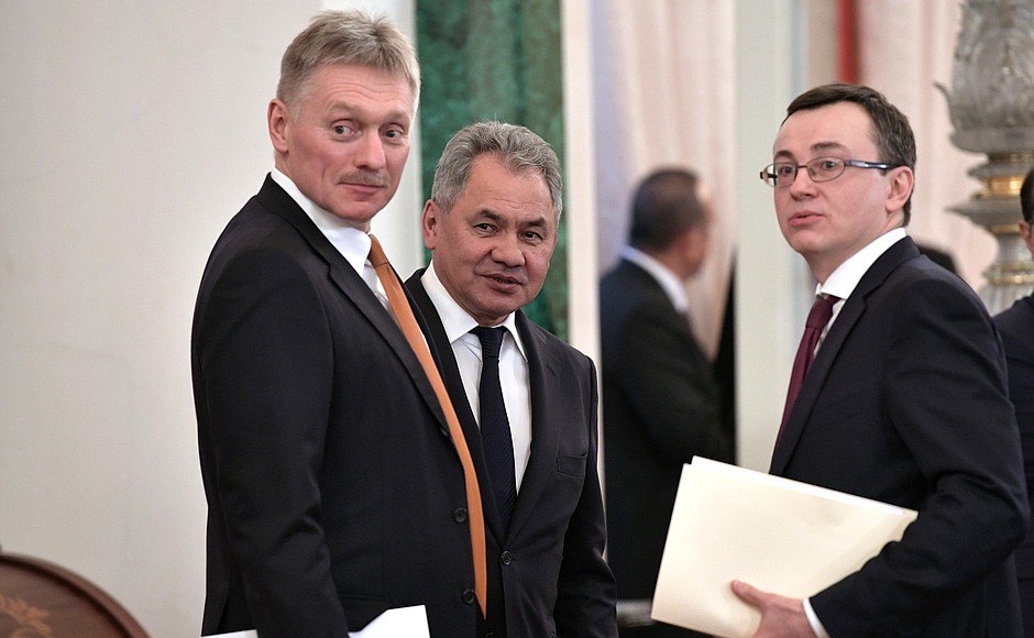 Left to right: Deputy Chief of Staff of the Presidential Executive Office, Presidential Press Secretary Dmitry Peskov, Defence Minister Sergey Shoigu and Chief of the Presidential Protocol Vladislav Kitayev before the High-Level Cooperation Council meeting between the Russian Federation and the Republic of Turkey.