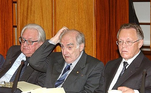 Meeting of the State Council on Science and High Technologies. Left to right: Valentin Pokrovsky, president of the Russian Academy of Medical Sciences; Nobel Prize winner and member of the Russian Academy of Sciences Vitaly Ginzburg; and Yury Osipov, president and member of the Russian Academy of Sciences and deputy chairman of the Council.