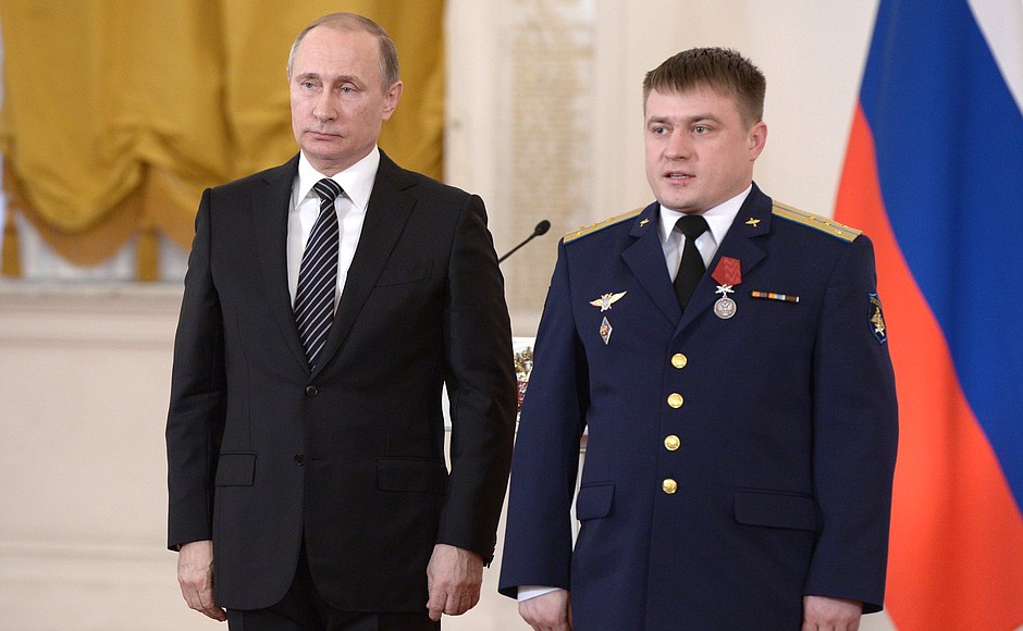 Captain Sergei Tsvetkov is awarded the Medal of Order for Services to the Fatherland, II degree.