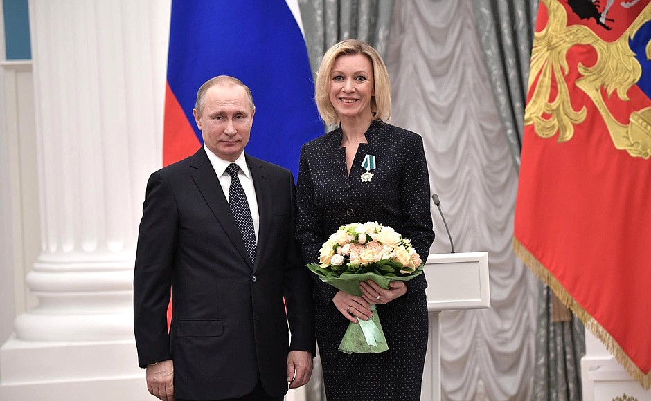 Presentation of state decorations. Maria Zakharova, director of the Russian Foreign Ministry Press and Information Department, is awarded the Order of Friendship.