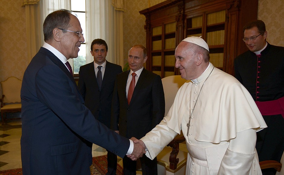During meeting with Pope Francis. Russian Foreign Minister Sergei Lavrov (left).
