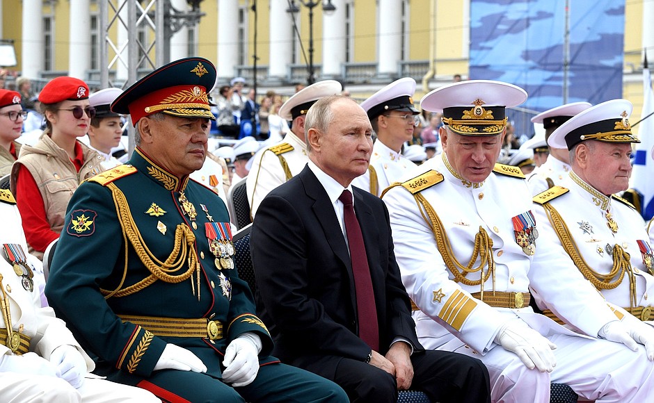 The Main Naval Parade. With Defense Minister Sergei Shoigu and Commander-in-Chief of the Russian Navy Nikolai Yevmenov (right).