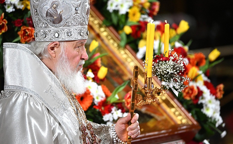 Patriarch Kirill of Moscow and All Russia conducts a liturgy on the holiday of Christ’s resurrection.