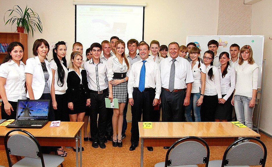 During a visit to general education school No. 19 in the village of Verkhnerusskoye.