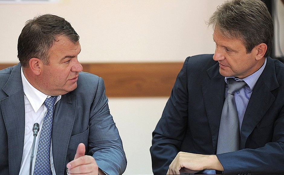 Defence Minister Anatoly Serdyukov and Krasnodar Territory Governor Alexander Tkachev at a meeting on disaster relief following the July 7 floods in Krasnodar Territory.