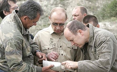 At the archaeological expedition\'s base camp with Emergency Situations Minister Sergei Shoigu (left) and Prince Albert II of Monaco.
