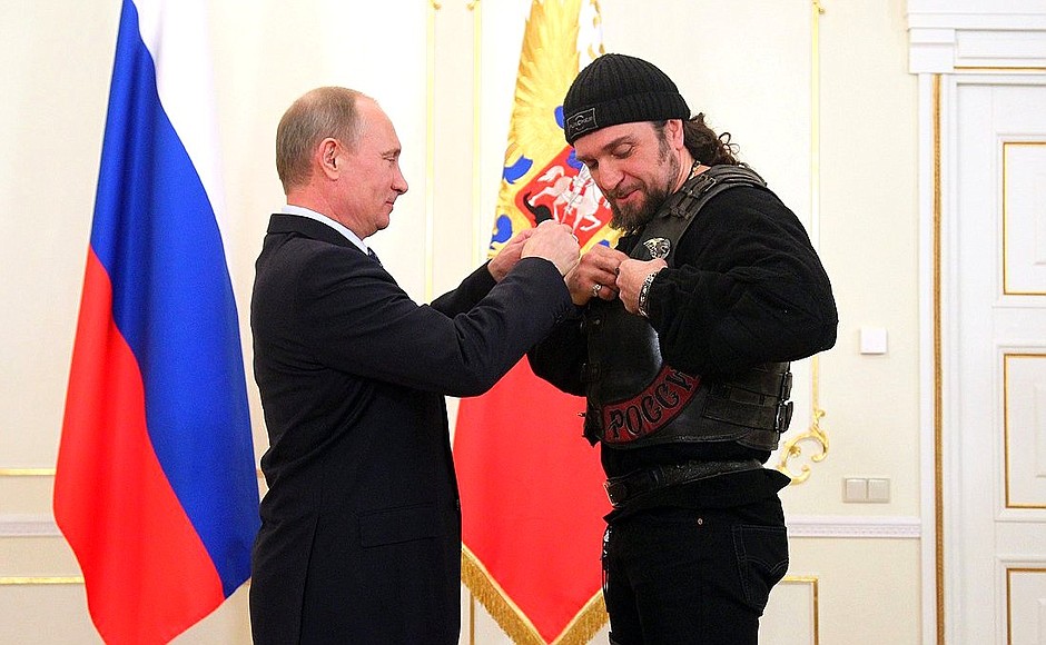 Presenting state decorations. Alexander Zaldostanov, head of a national motorcycle club, is awarded the Order of Honour.