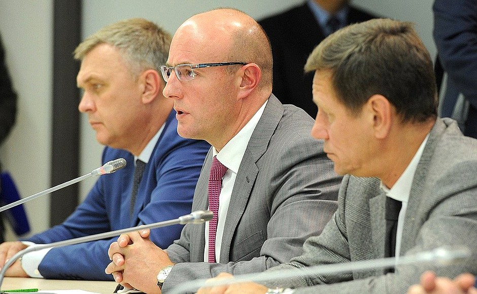 Meeting on readiness of 2014 Olympic facilities. Left to right: Deputy Regional Development Minister Yury Reilyan, President of the Organising Committee for the XXII Winter Olympic Games and XI Winter Paralympic Games in Sochi Dmitry Chernyshenko and First Deputy Speaker of the State Duma, President of the Russian Olympic Committee and International Olympic Committee member Alexander Zhukov.
