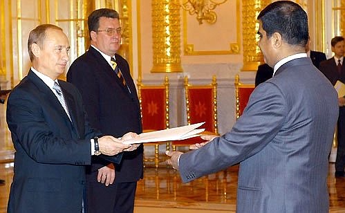 President Putin receiving the credentials of Ambassador of Bahrain Abdulhameed Ali Hasan Ali.